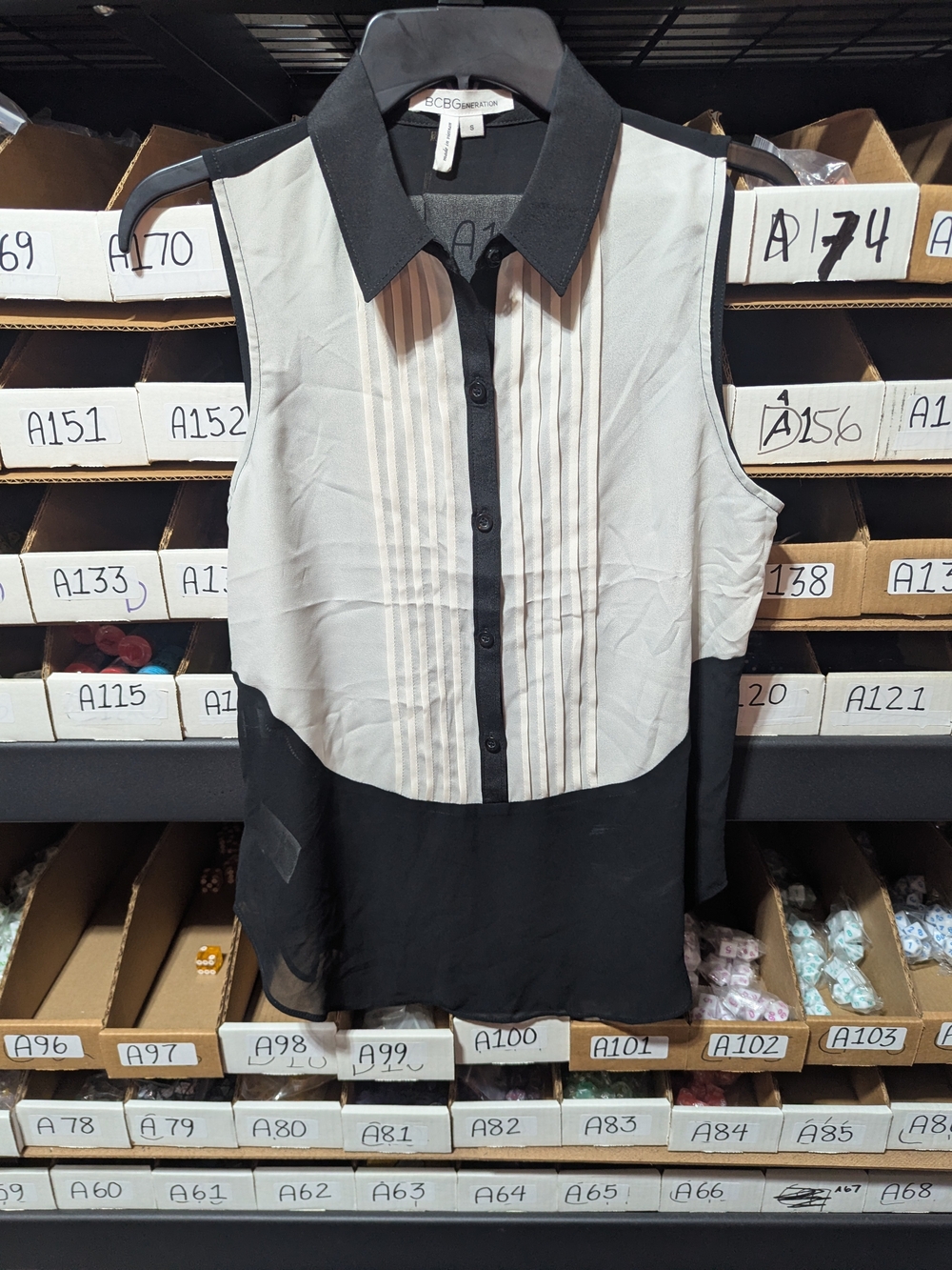 BCBGeneration Black and White Pleated Sleeveless Button-Down Shirt